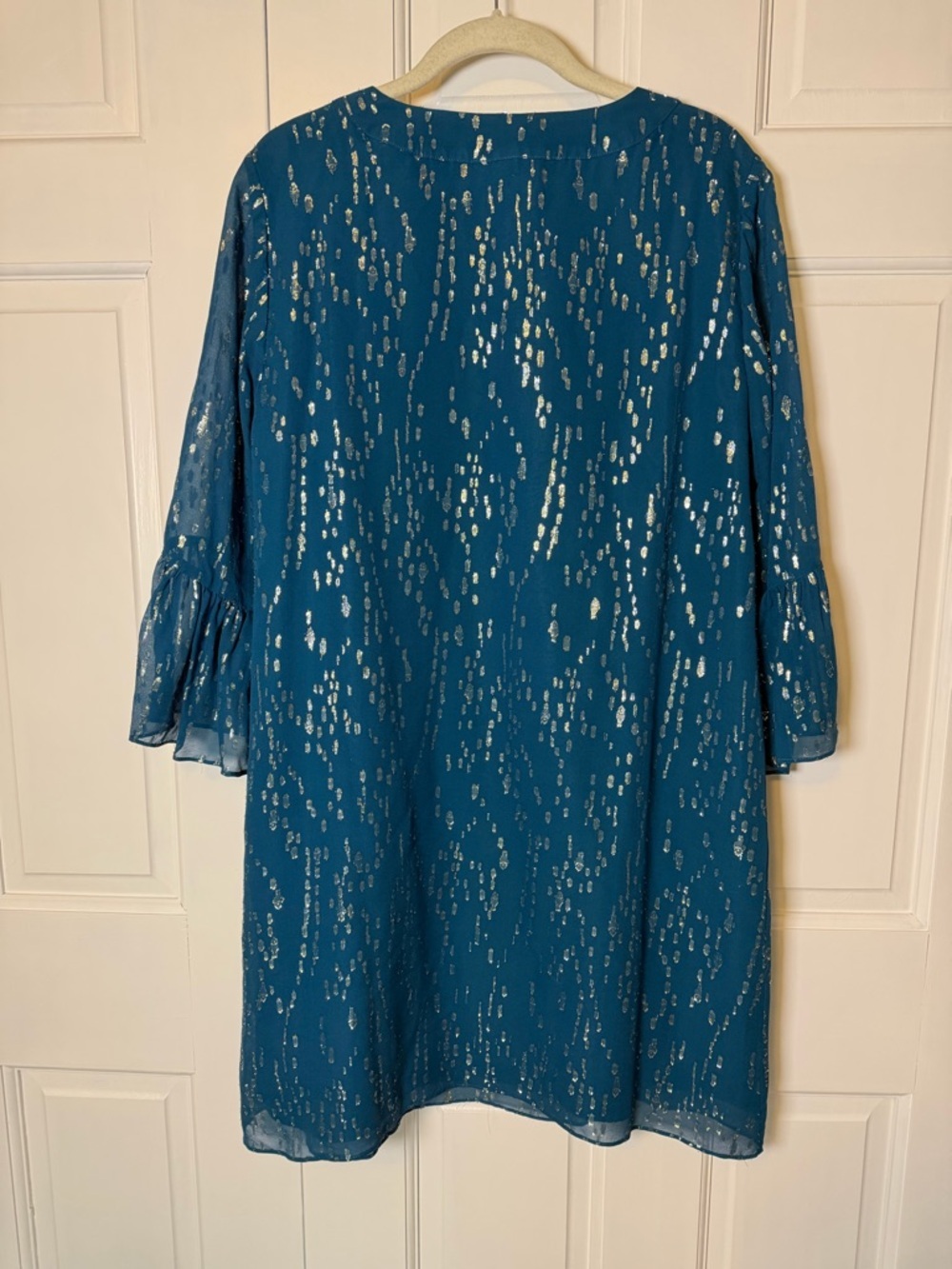 Lilly Pulitzer Elenora Silk Tunic Large Inky Tidal Fish Clip Teal Metallic Shift - Picture 3 of 8